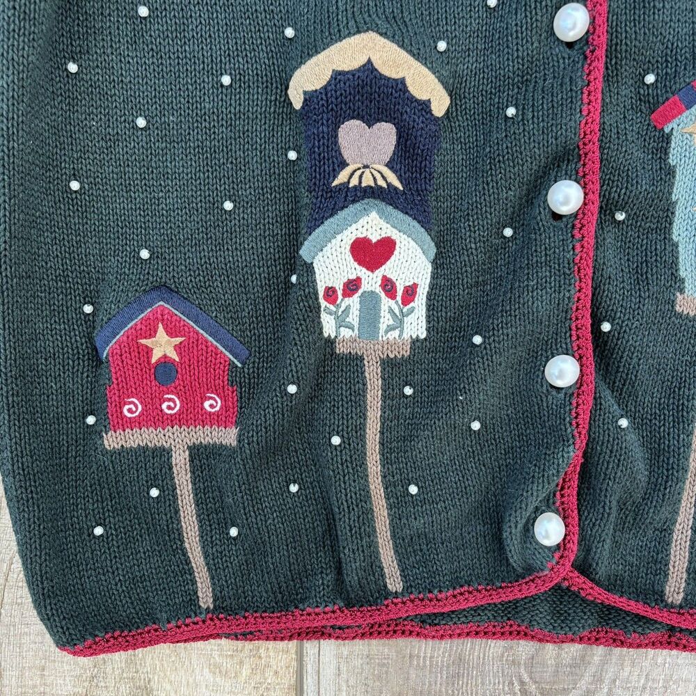 Vintage Womens Winter Sweater Size M Christmas Green 90s Beaded Hand Embroidered - Picture 3 of 13